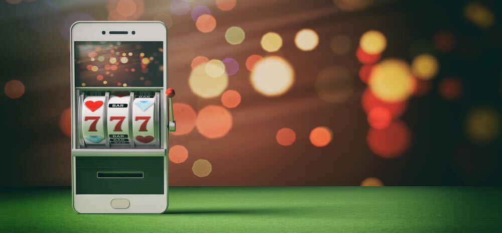 Online gambling, casino concept. Slot machine on a smartphone screen, green felt and abstract background. 3d illustration